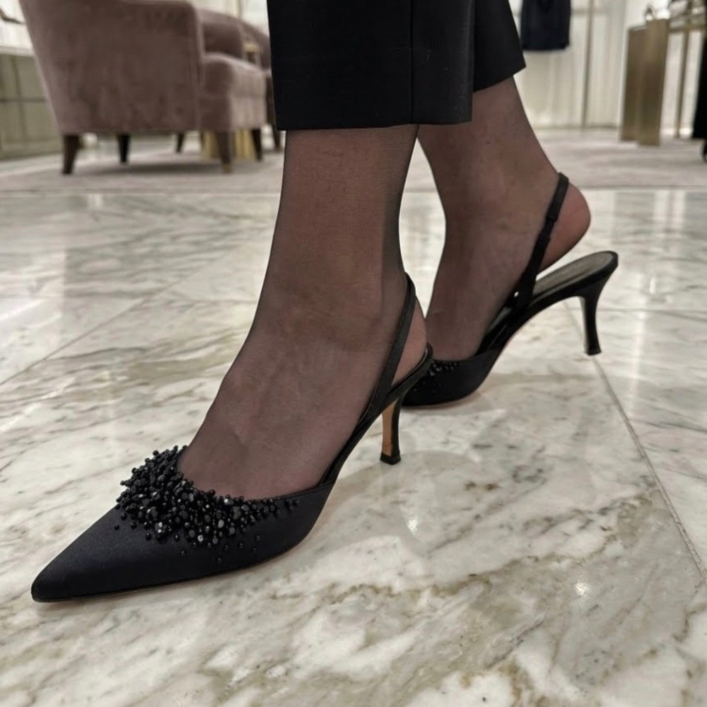 Slingback 6M Black Beaded Satin Pointed Toe Kitten Heel Whimsigoth Y2K Formal